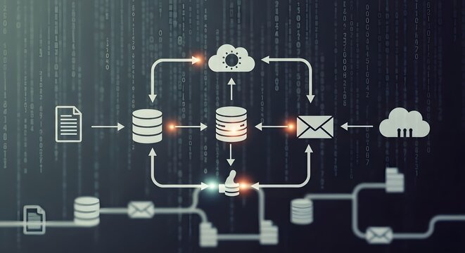 Diagram showing data flow between databases clouds and documents on dark background