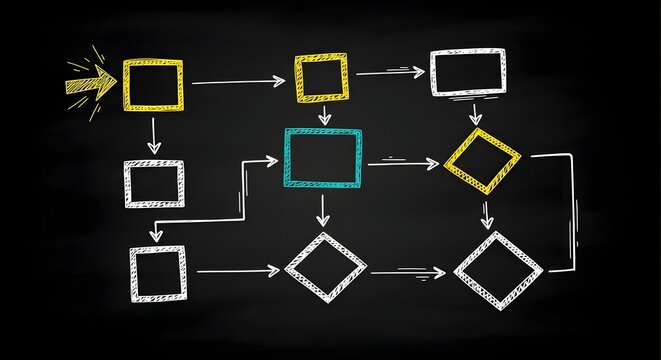Flowchart diagram with boxes and diamonds connected by arrows on black background
