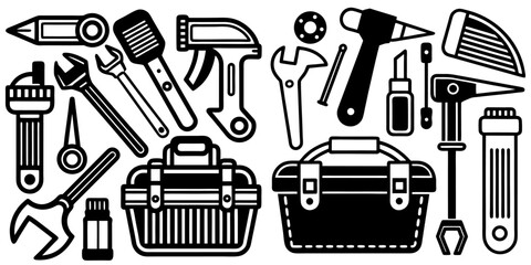 "Monochrome Tool Kit Icons &ndash; Hammer, Drill, Saw, Wrench & More"