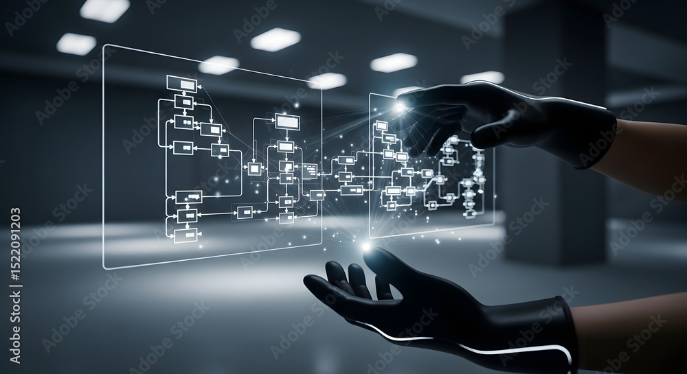 Aufkleber gloved hands manipulating a digital flowchart interface in a futuristic setting