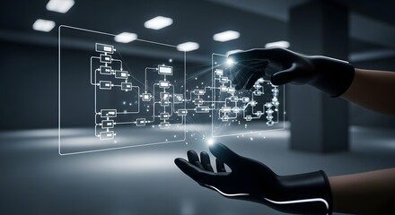 Gloved hands manipulating a digital flowchart interface in a futuristic setting