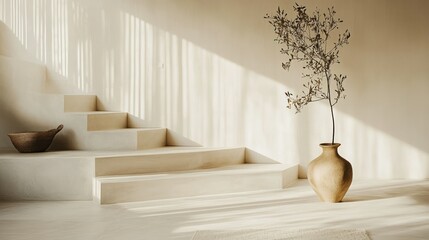 Sunlit staircase with a decorative vase and a minimal design aesthetic