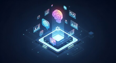 Isometric illustration of artificial intelligence concept with brain and data icons