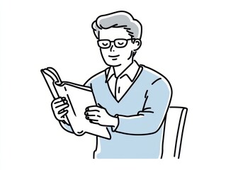 A Young Man Reading a Book in Light Blue Sweater with Glasses