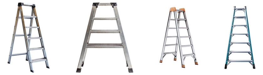 A collection of metal ladders isolated on a transparent background