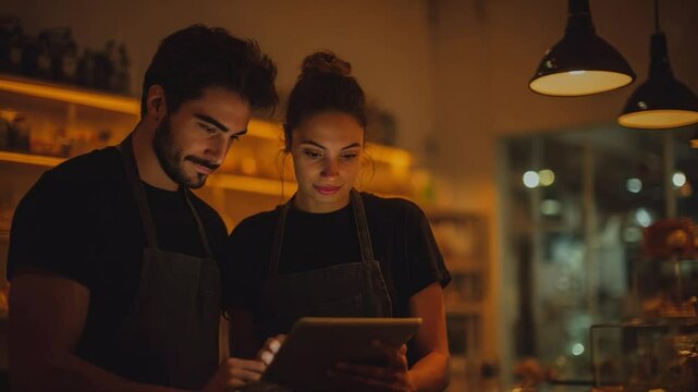 Focused Partnership: Two baristas intently review data on a tablet, illuminated by warm cafe lighting, creating an atmosphere of collaborative focus and efficiency.