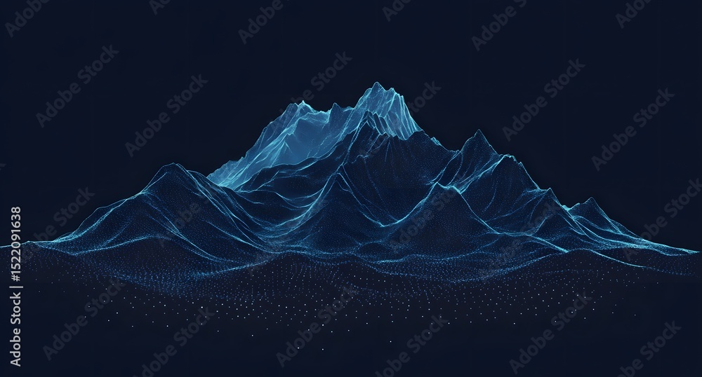 Poster abstract digital blue background with dots and lines in the form of an illuminated mountain landscap