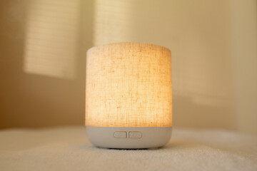 Essential oil diffuser in minimalist space with filtered sunlight illuminating wall