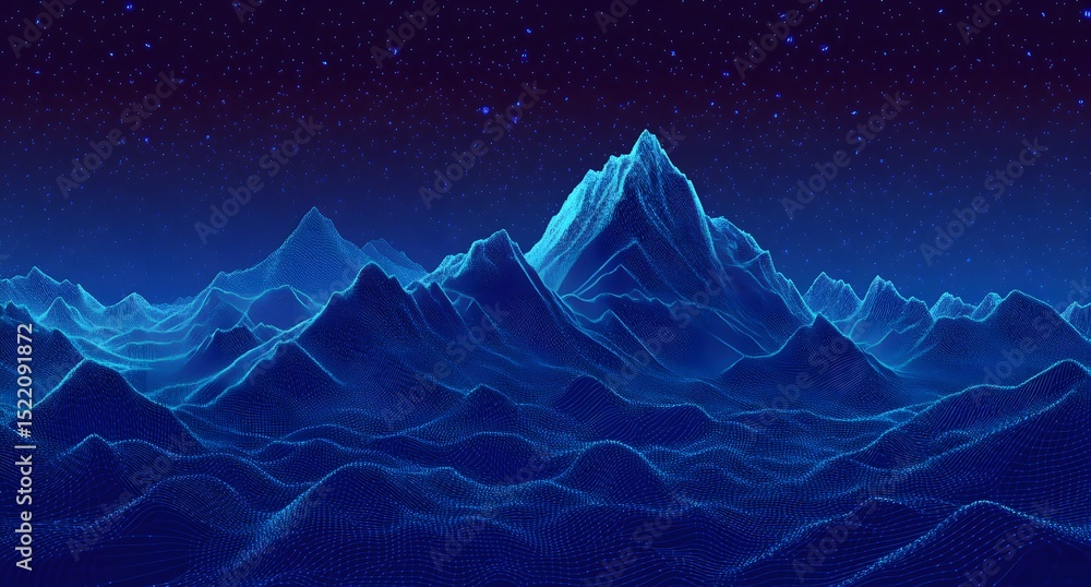 Poster abstract digital blue background with dots and lines in the form of an illuminated mountain landscap