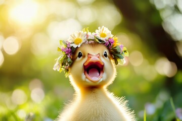 Summer happiness. Cute baby animal duck wearing free flower wreath on its head. Golden sunrise. Sunlit serenity with an animal. Summer beauty in the wild. Tranquil harmony in the wilderness.