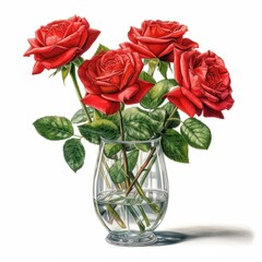 Beautiful Red Roses in Clear Vase with Lush Green Leaves