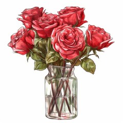 Beautiful Red Roses Bouquet in Glass Jar with Lush Green Leaves