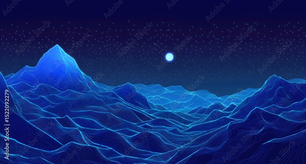 Poster abstract digital blue background with dots and lines in the form of an illuminated mountain landscap