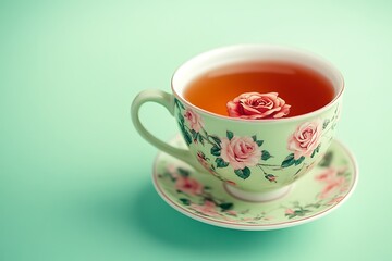 Fototapeta premium A dainty floral teacup filled with wild rose tea resting on a light pistachio green background