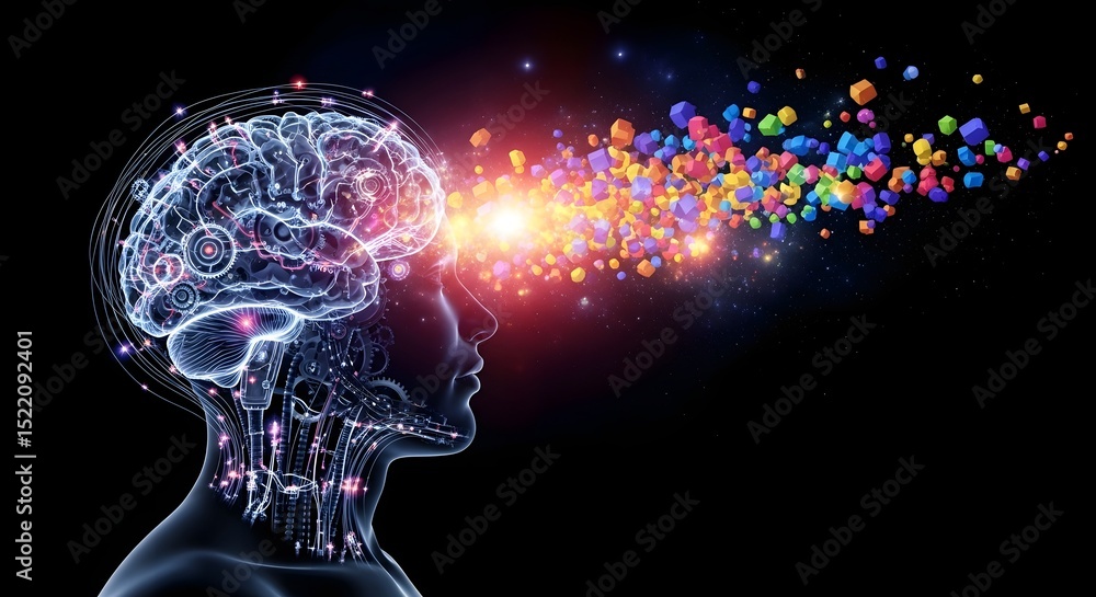 Aufkleber a robotic head with a brain made of gears and colorful cubes emanating from the head