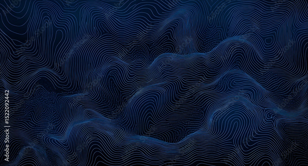 Poster abstract digital blue background with dots and lines in the form of an illuminated mountain landscap