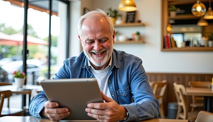 "candid 4k shot of senior man laughing while watching something on ipad in caf&eacute;."