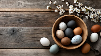 Speckled egg, brown egg, blue egg, wooden bowl, rustic table, spring blossom, natural light