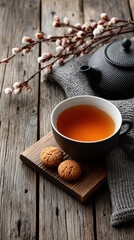 Black cup of tea wooden table cookies teapot cozy rustic warm branch