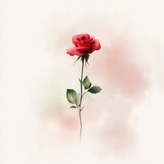 Elegant Red Rose with Green Leaves on a Soft Pink Background