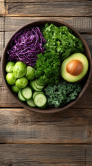 Fresh avocado, lettuce, purple cabbage, cucumber, kale, and brussels sprouts in wooden bowl