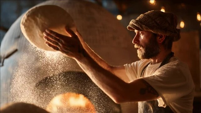 Pizza Chef Tossing Dough: Authentic pizzeria moment showcasing a artisan chef expertly tossing pizza dough in front of a traditional oven, capturing the culinary skill and the inviting warmth