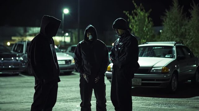 Criminal gang meeting takes place in dark parking lot at night with shadowy figures gathered, Asian & western criminal gangs meet in dark parking lot to do a drug deal