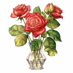 Beautiful Red Roses with Green Leaves in a Clear Vase