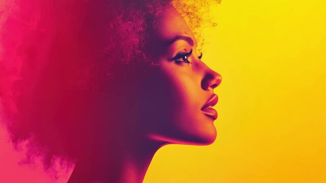 Bold portrait of artistic woman with red afro hair and colorful lighting