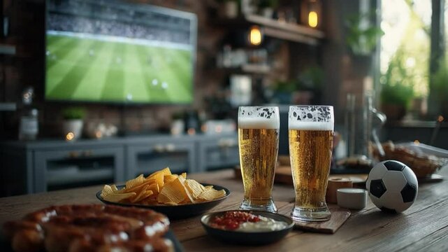 Football match with snacks and drinks: A cozy home scene during a football match. With a football, snacks, and beer on a wooden table. This photograph captures the essence of relaxation and enjoyment.