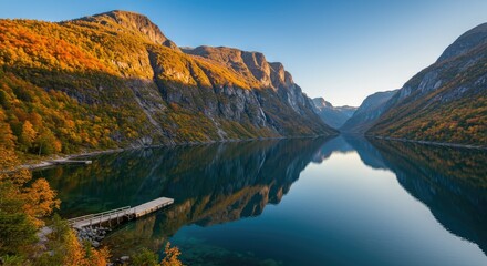 Fototapeta premium Serene autumnal fjord reflecting mountains. Calm waters mirror the vibrant fall foliage draped over the surrounding peaks. A small pier rests at the edge of the tranquil lake
