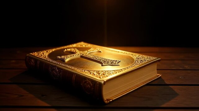 A luminous golden book featuring a cross glows mysteriously within a dark void a 4k video perfect for religious themes fantasy artwork or spiritual concepts