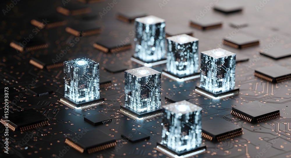 Poster close up of several glowing cube structures on a circuit board arrangement design