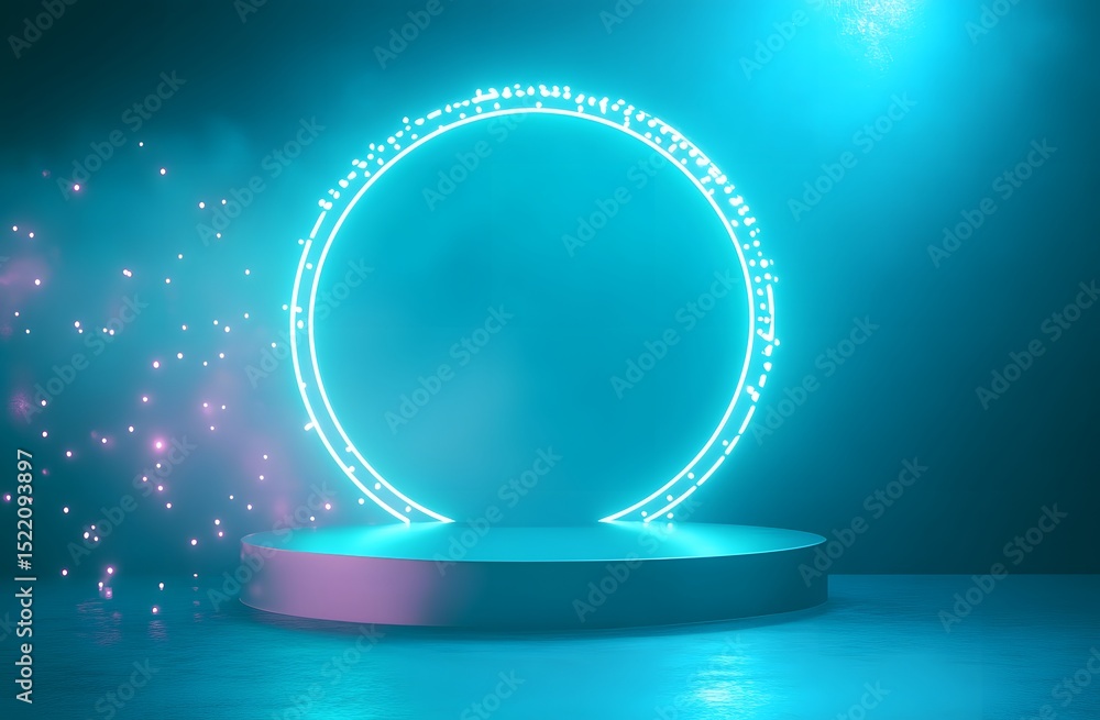 Poster abstract futuristic blue technology background with glowing circular podium and hologram elements fo