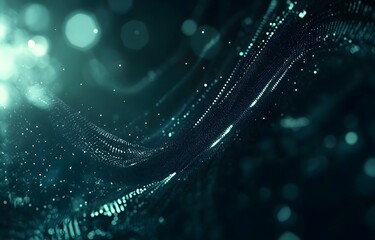Abstract futuristic background with digital waves and dots, in a dark blue-green color gradient.