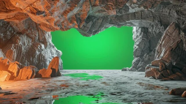 Glowing Cave Interior with Green Screen for Visual Effects