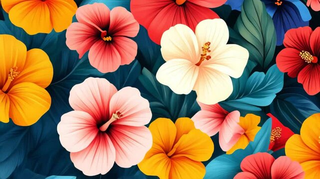 Vibrant Tropical Hibiscus and Leaf Pattern