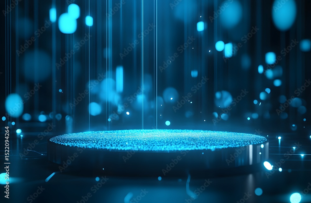 Poster abstract futuristic blue technology background with glowing circular podium and hologram elements fo