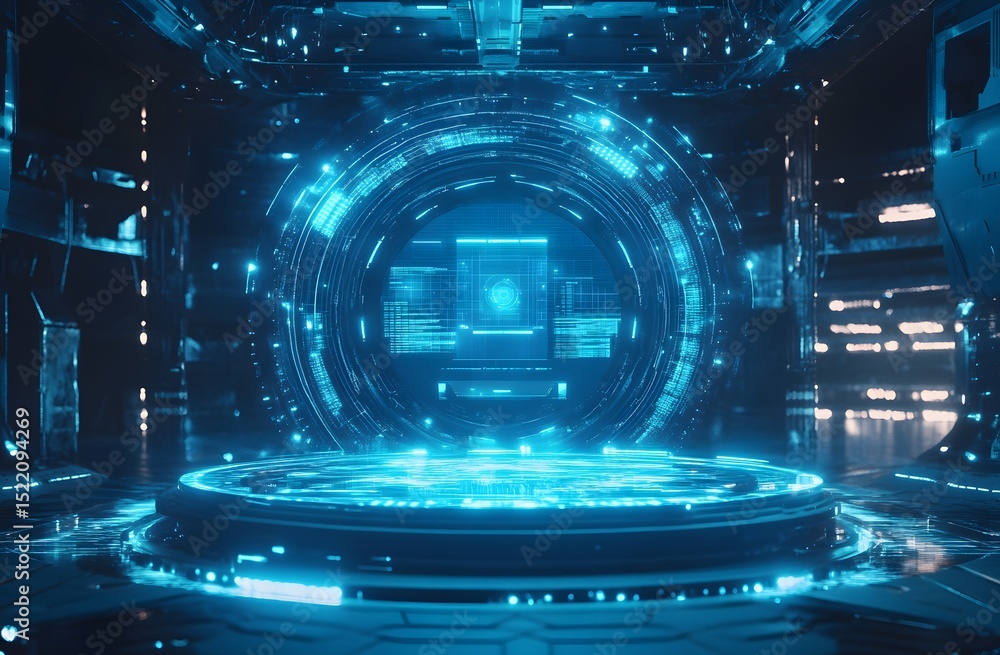 Poster abstract futuristic blue technology background with glowing circular podium and hologram elements fo