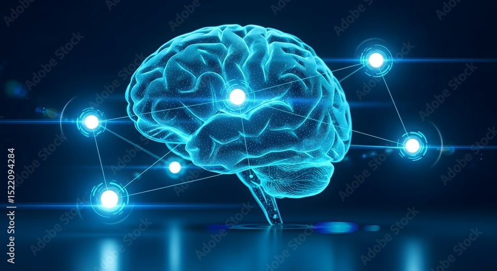 Aufkleber a glowing blue brain with connected nodes representing neural network activity shown