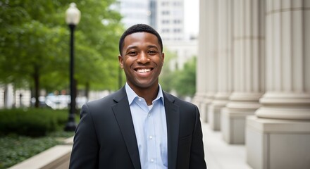 Professional headshot of smiling african american businessman in suit outside office building