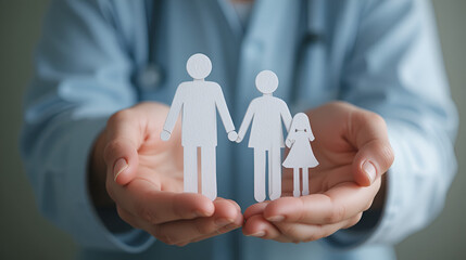 Conceptual illustration of hands holding paper family figures, symbolizing support, protection, patient care, holistic health approach, teamwork in addressing social determinants