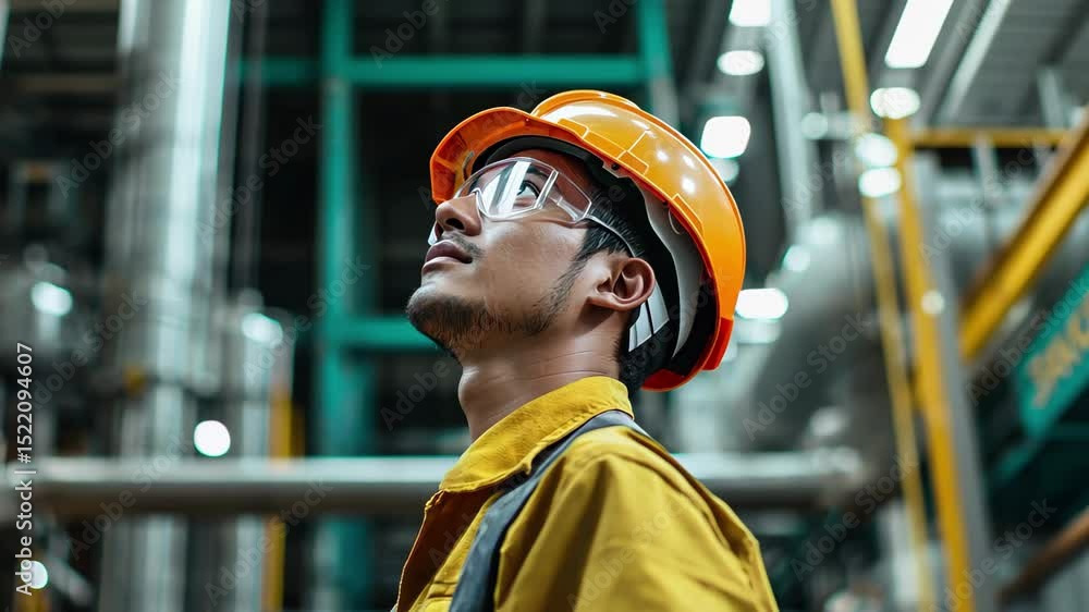 Poster factory worker in uniform with helmet ensures safety in industrial setting during daytime hours, fac