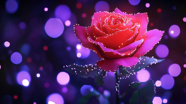 A close up of a red rose with sparkling edges against a dark purple bokeh filled background view - Powered by Adobe