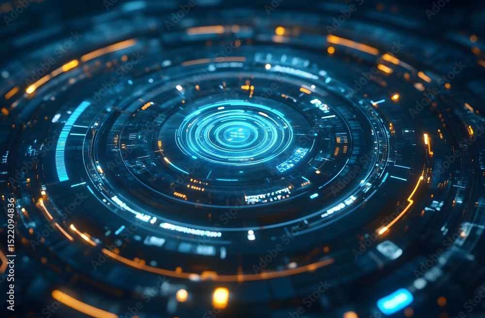 Poster abstract futuristic blue technology background with glowing circular podium and hologram elements fo
