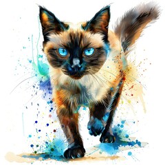Colorful Siamese Cat Walking with Blue Eyes and Splashes of Paint