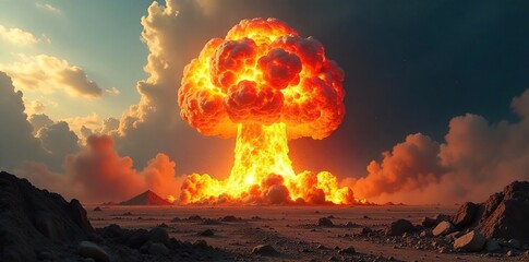 A powerful bomb detonates, creating a massive fiery explosion with a mushroom cloud and shockwave The destructive force is evident in the debris field , thermal pulse, impact zone, disaster