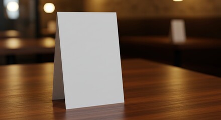 White table tent card mockup for restaurant menu or event signage on wooden table surface promotion display on transparent background