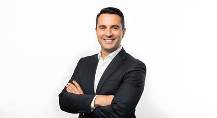Professional headshot of smiling businessman in suit on white background for corporate website profile