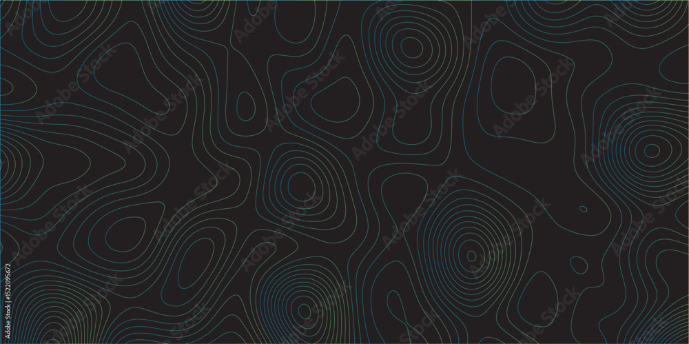 Poster Abstract black colorful gradient Topographic line map pattern background. Contour elevation topographic and textured Background Modern design with black background with topographic wavy Patte and dot	